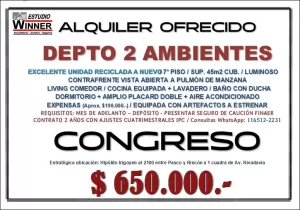 ALQUILER OFRECIDO 2 AMBIENTES CONGRESO A NUEVO