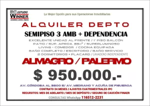 ALQUILER PALERMO 3 AMBIENTES + DEPENDENCIA